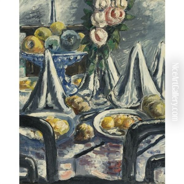 Gedeckter Tisch Mit Servietten Und Rosen (table Set With Napkins And Roses) - view 1