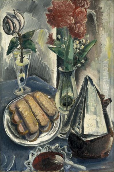 Stilleben Mit Kaffeekanne, Blumen Und Geback - view 1