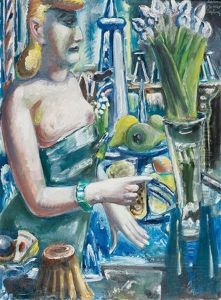 Dame An Der Bar Mit Obst Und Blumen by Paul Kleinschmidt