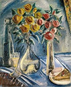Stillleben Mit Blumenvasen, Weinglas Und Kuchen