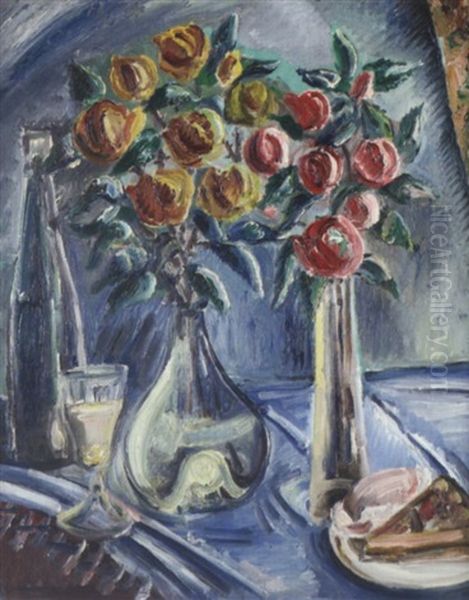 Blumenstilleben Mit Flasche, Glas Und Kuchen - view 1