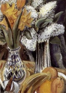 Stilleben Mit Weissem Flieder, Narzissen Und Obstschale by Paul Kleinschmidt