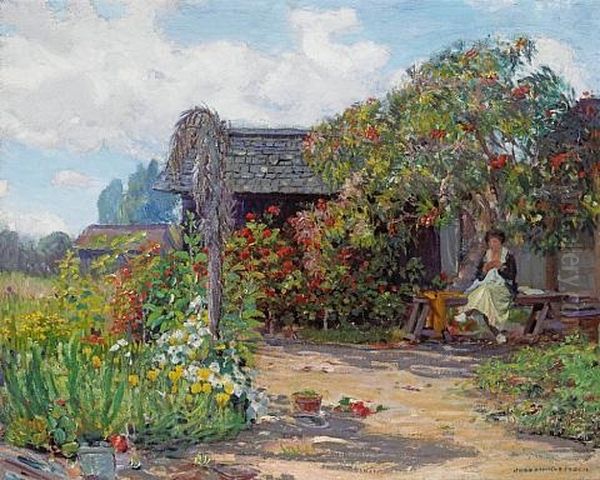 Woman In A Garden Sewing - view 1