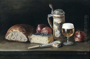 Still Life - Bread, Beer Stein, Cheese And Vegetables