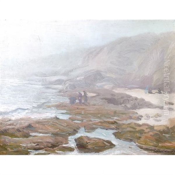 Figures Along A Coastal Beach With Tide Pools In The Foreground - view 1