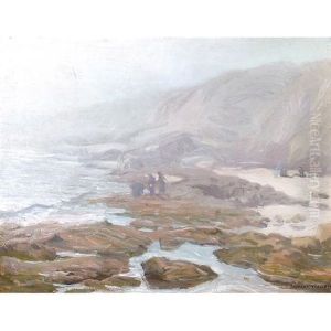Figures Along A Coastal Beach With Tide Pools In The Foreground by Joseph Kleitsch