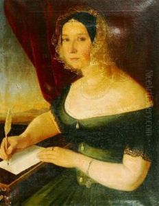 Portrait Of Zsofia Berzeviczy De Berzevicze Seated At Her Writing Desk, Half Length Wearing A Green Dress by Jozef Bozetech Klemens
