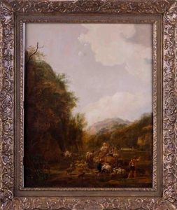 Hirtenfamilie In Romantischer Berglandschaft An Der Viehtranke