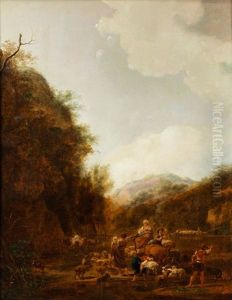 Bergige Landschaft Mit Hirten Und Vieh An Der Tranke