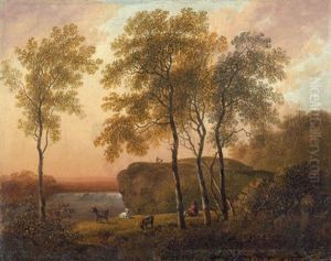 Gebirgslandschaft Im Abendlicht Mit Rastendem Hirten