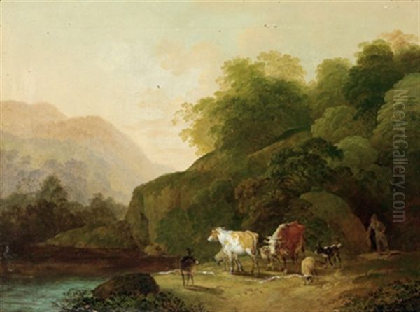 Gebirgige Flusslandschaft Mit Einem Hirten Und Herde - view 1
