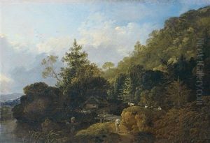 Bewaldete Berglandschaft Mit Einer Brucke Und Ziegen by Johann Christian Klengel