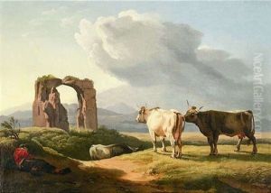 Romische Landschaft Mit Tempelruine Und Schlafendem Hirten