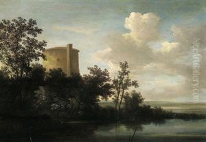 Bewaldete Flusslandschaft Mit Einem Turm by Johann Christian Klengel