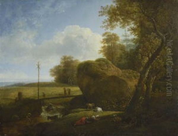 Ruhende Hirtin Mit Ziegen Und Schaf Am Waldbach - view 1