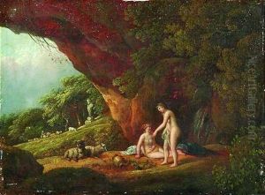 Bukolische Landschaft Mit Zwei Nymphen An Einer Quelle Am Rand Einer Grotte by Johann Christian Klengel