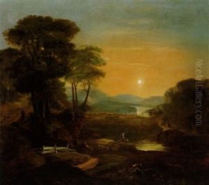 Weite, Bewaldete Flusslandschaft Bei Sonnenuntergang by Johann Christian Klengel