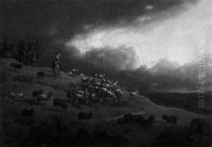 Hirtin Mit Ihrer Schafherde Bei Aufziehendem Gewitter by Johann Christian Klengel