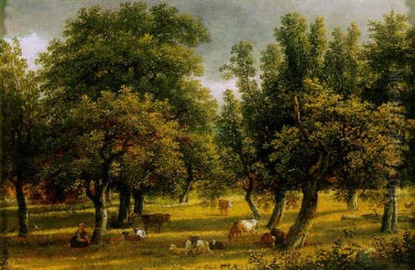 A Shepherdess And Her Flock In An Extensive Wooded Landscape - view 1