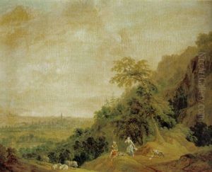 Weite Bewaldete Landschaft Mit Hirtenpaar Und Blick Auf Eine Stadt An Einem See by Johann Christian Klengel