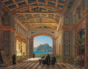 Italienische Klosterhalle Mit Benediktinermonchen Und Ausblick Auf Capri by Leo Von Klenze