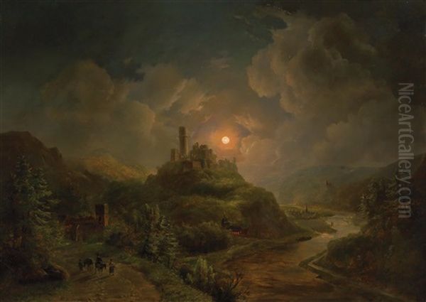 Moonlit Night With Castle Ruins And A Town By The River - view 1