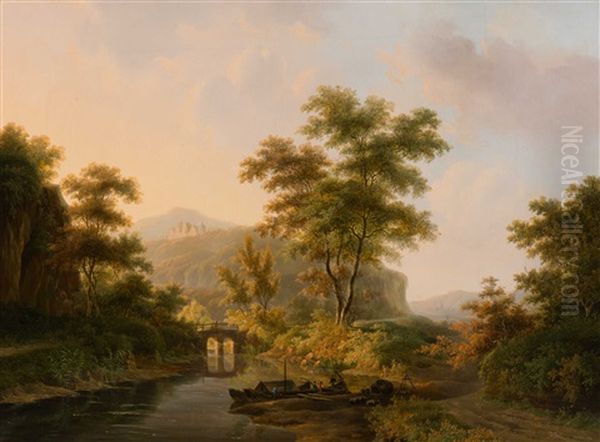 Wooded And Hilly Landscape With Figures On A Bridge With Moored Boats - view 1