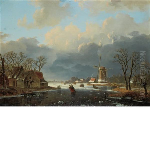 Winter Landscape With Skaters On A Frozen River - view 1