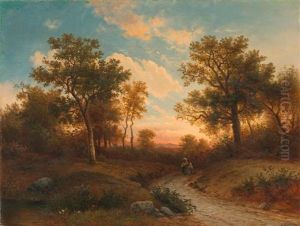 Waldlandschaft Mit Mutter Und Kind Im Abendrot Waldlandschaft Mit Mutter Und Kind Im Abendrot