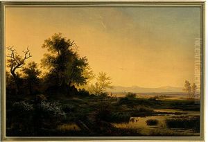 Idyllische Abendlandschaft Mit Verstecktem Gehoft Unter Malerischer Eichengruppe