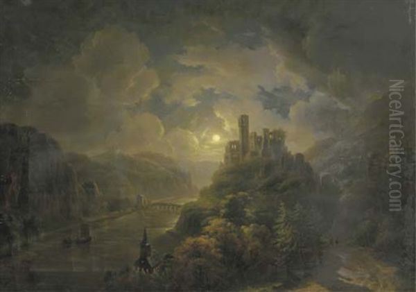 A Moonlit River Valley With A Ruin On A Hilltop - view 1