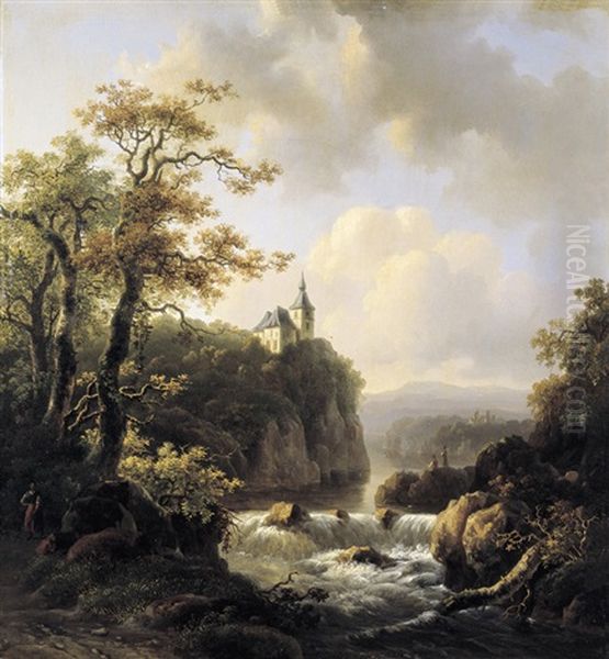 Rotlandschap Met Kasteel En Waterval - view 1
