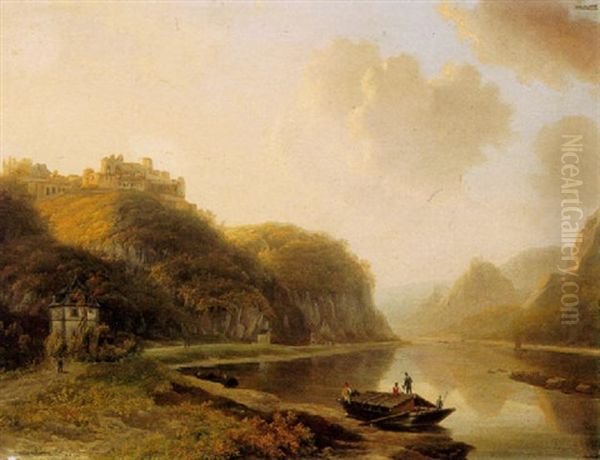 A Tranquil River Landscape At Dusk With Figures On A Boat In The Foreground - view 1