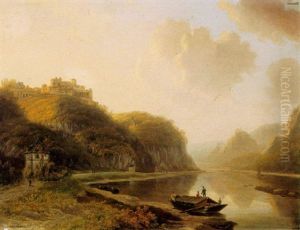 A Tranquil River Landscape At Dusk With Figures On A Boat In The Foreground by Willem De Klerk