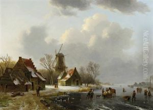 A Winter Landscape With Peasants On A Frozen Waterway, With Farmhouses And A Windmill Beyond