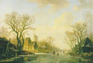 Wintelandschap Met Schaatsers Op Een Vaart