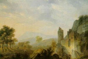 Figures With Their Mules On A Mountain Track Before A Castle