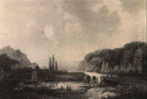 A View Of A Mountainous River Landscape With Boats And Figures A View Of A Mountainous River Landscape With Boats And Figures