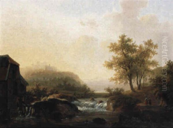 A Wooded River Landscape With Figures By A Watermill - view 1