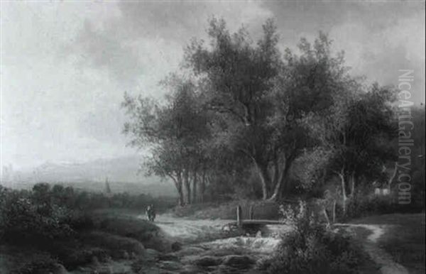 Wooded Hilly River Landscape With Travellers On A Path - view 1