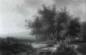 Wooded Hilly River Landscape With Travellers On A Path by Willem De Klerk
