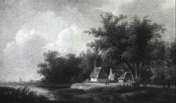 Landscape/ View With Cottages On The Banks Of A River - view 1