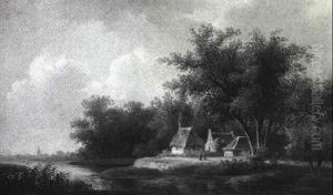 Landscape/ View With Cottages On The Banks Of A River by Willem De Klerk