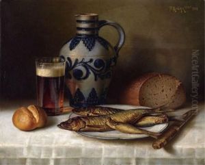 Still Life With Fish, Bread And Beer On A Table by Yuliy Yulevich Klever the Younger
