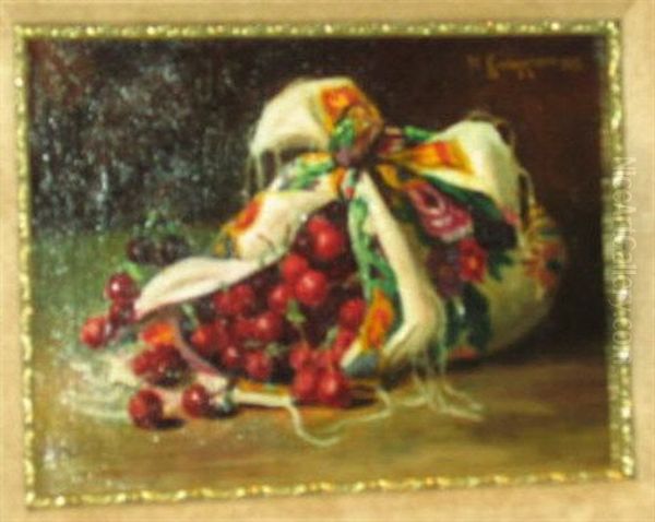 Still Life With Cherries Wrapped In A Floral Silk Scarf - view 1