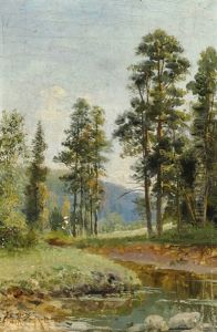 Russian Spring Landscape With Tall Trees Near A Serpentine Stream by Yuliy Yulevich (Julius) Klever