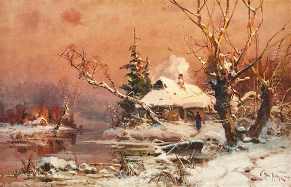 Winter Landscape With A Cottage By The Lake by Yuliy Yulevich (Julius) Klever