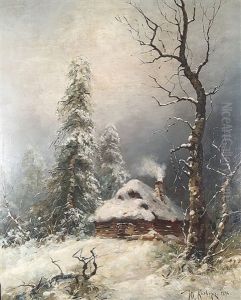 Cabin In A Snowy Landscape by Yuliy Yulevich (Julius) Klever