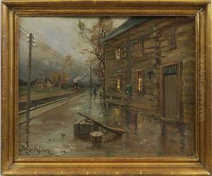 Abendstimmung An Einem Russischen Bahnhof Mit Heranfahrendem Zug