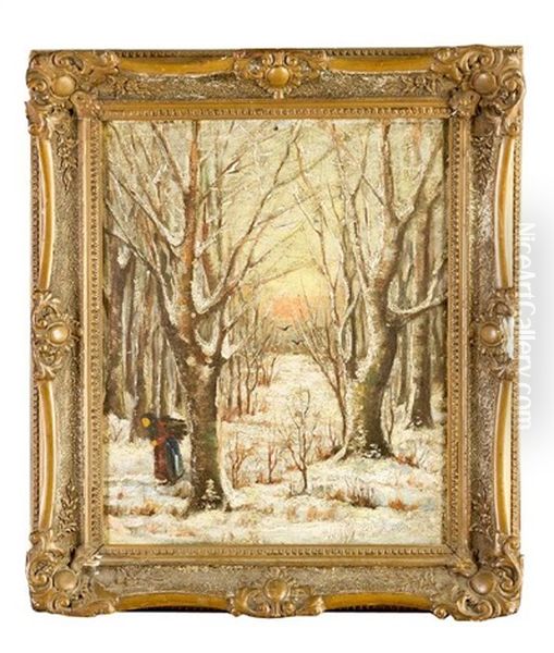 Woman Carrying Wood In Winter Landscape - view 1